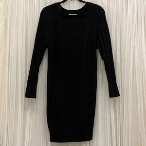 Classic Black V-Neck Cable Knit Long Sleeve Dress